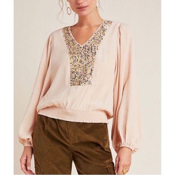 Maeve Tops - Mauve NEW peach colored V neck top w multicolored sequin accent & banded waist-M